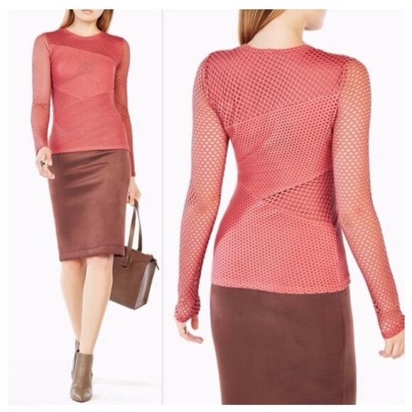 BCBG Maxazaria Mindy blush pink long sleeve long sleeve mesh paneled top. Sz xs - Picture 2 of 5
